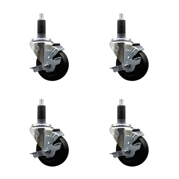 3.5'' SS Hard Rubber Swivel 1-1/8'' Expanding Stem Caster Set with Brake, 4PK